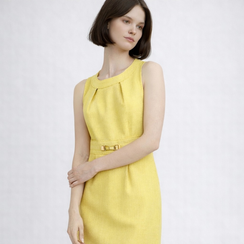 Tahari ASL Yellow Sheath Midi Dress Sleeveless Pleated Belted | Size 2 | NWOT